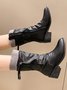 Vintage Wool Knitting Stitching Pleated Synthetic Leather Thick Heel Boots