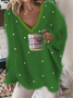 V Neck Casual Plain Pearl Fuzzy Jumper