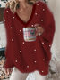 V Neck Casual Plain Pearl Fuzzy Jumper