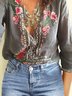 Gray V Neck Floral Long Sleeve Color-Block Blouses
