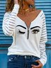 Casual V Neck Cotton-Blend Printed Blouses