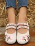 Bohemian Ethnic Floral Embroidery Linen Mary Jane Flats
