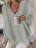 V Neck Casual Plain Pearl Fuzzy Jumper